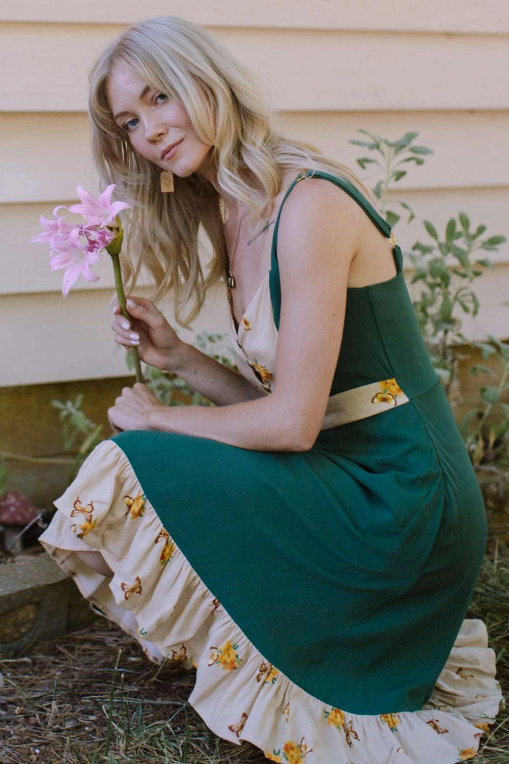 Fresh Palette Bare Arm Gemma Dress in Green Butterfly