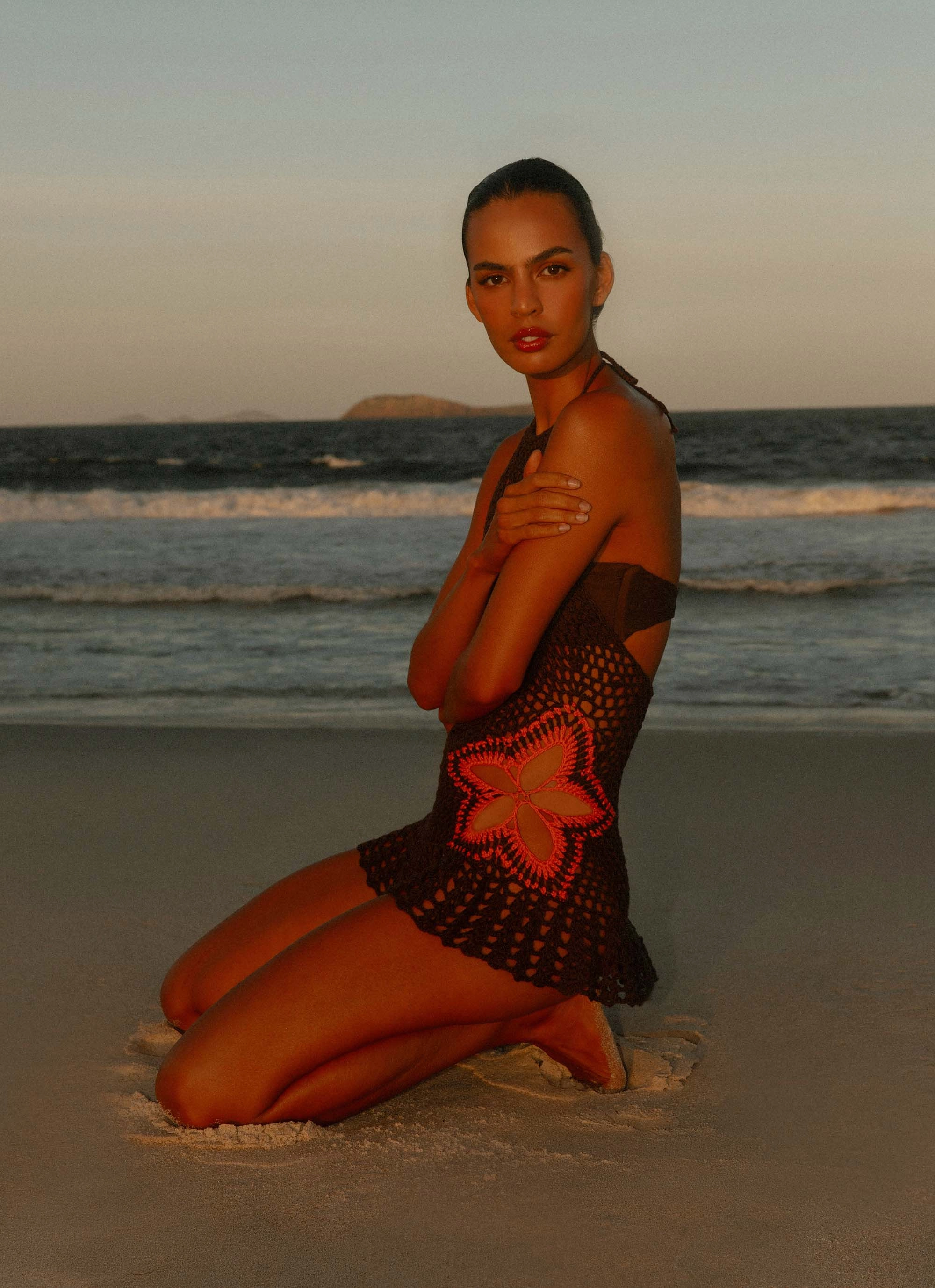 Henley Crochet Mini Dress - Chocolate Outfit Moodset Emerging Designer