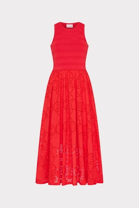 Geo Eyelet Knit Combo Midi Dress Bohemian-Style