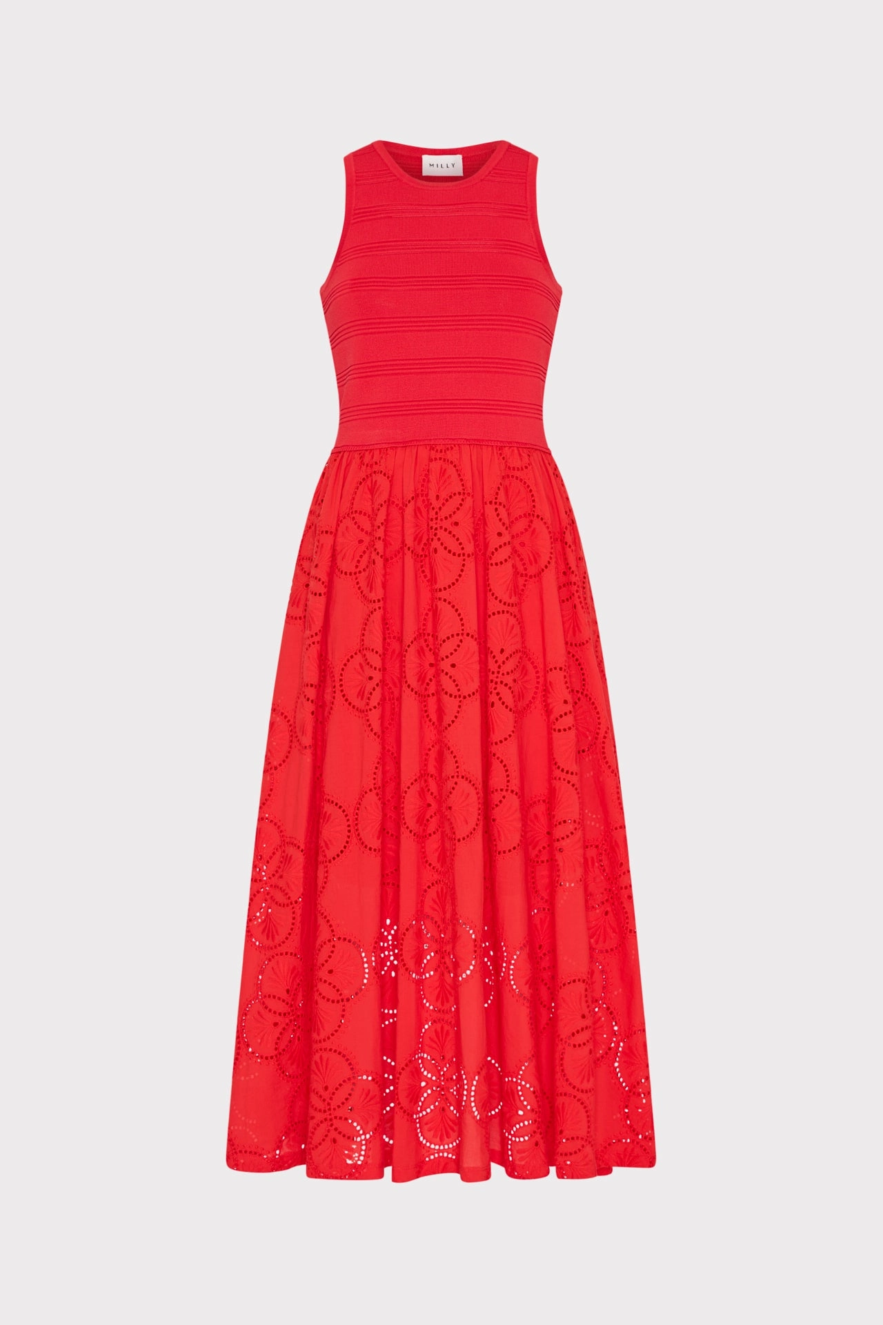 Sleek Waistband Weekend Feel Geo Eyelet Knit Combo Midi Dress