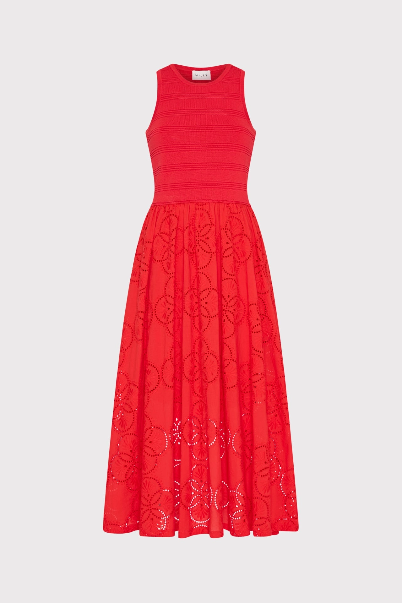Geo Eyelet Knit Combo Midi Dress Bohemian-Style