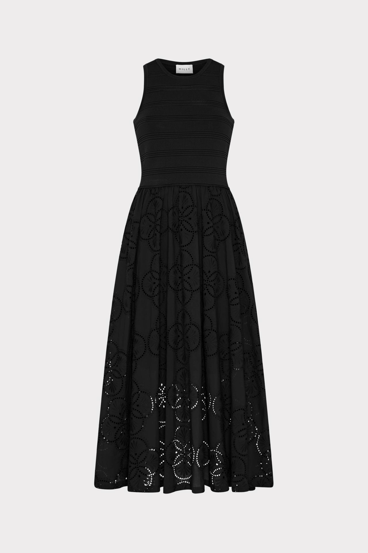Geo Eyelet Knit Combo Midi Dress Elegant brunch outfit