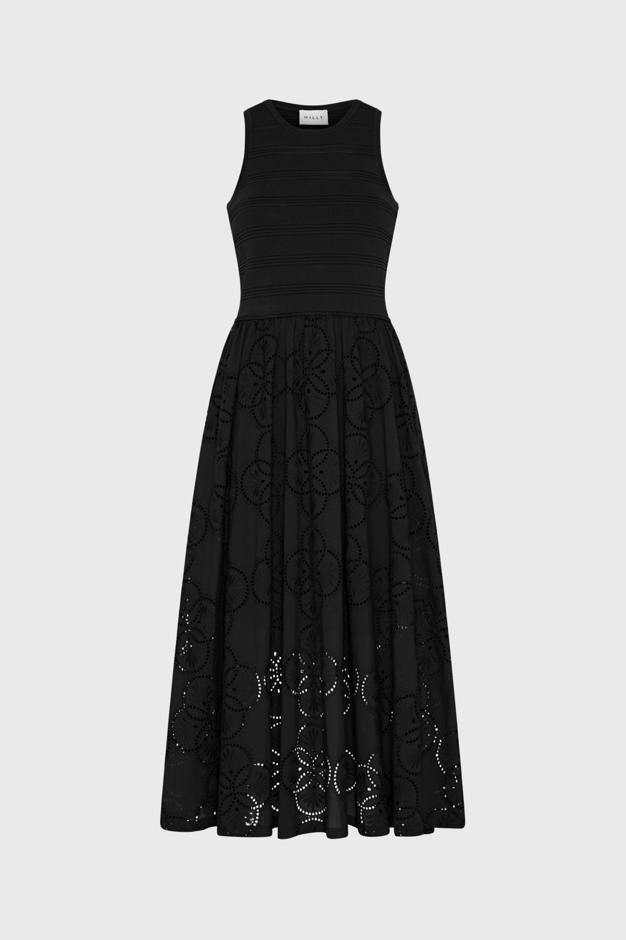 Geo Eyelet Knit Combo Midi Dress Elegant Comfort