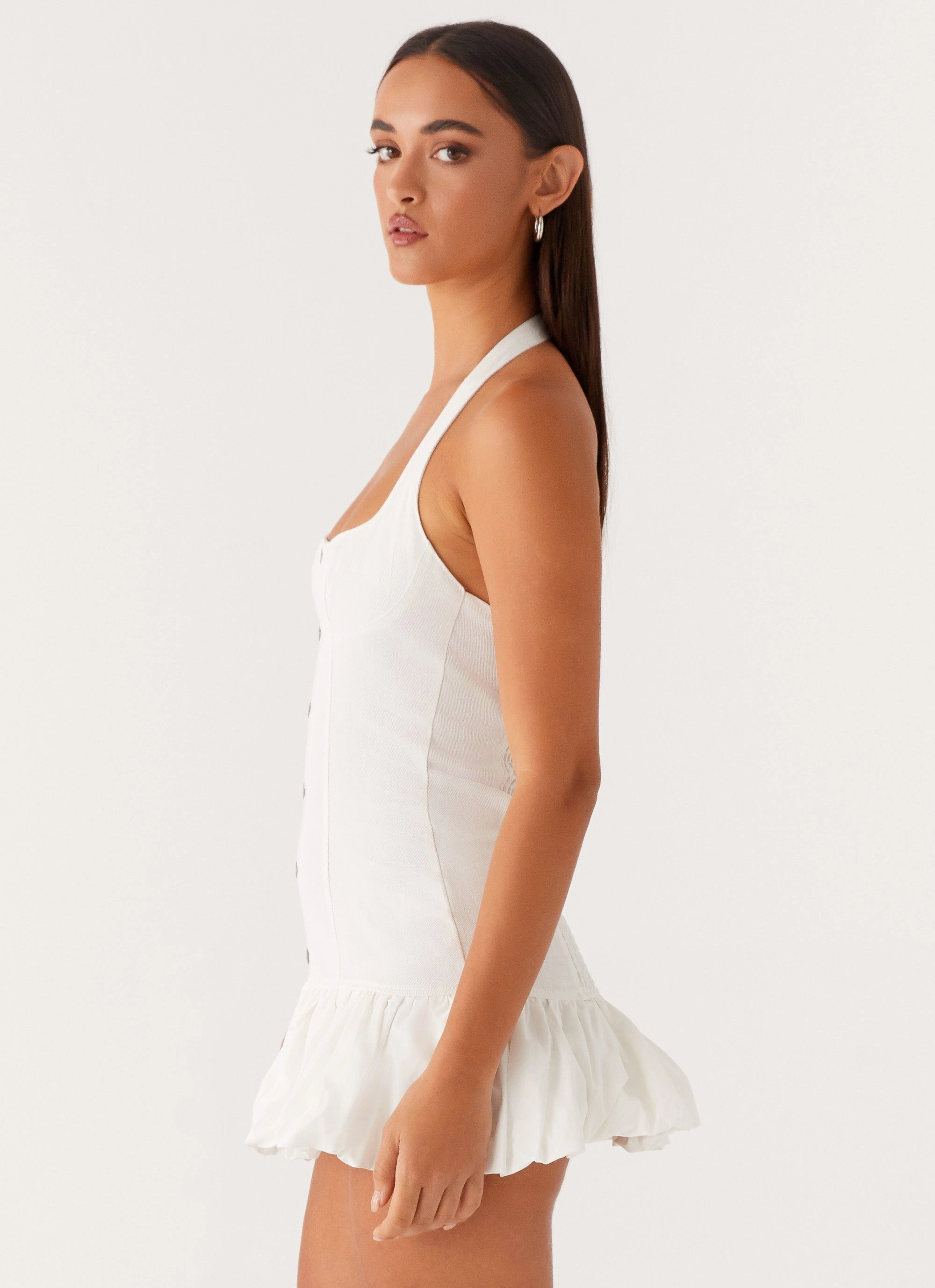 Georgina Denim Mini Dress - White Crisp Finish Subtle Shimmer