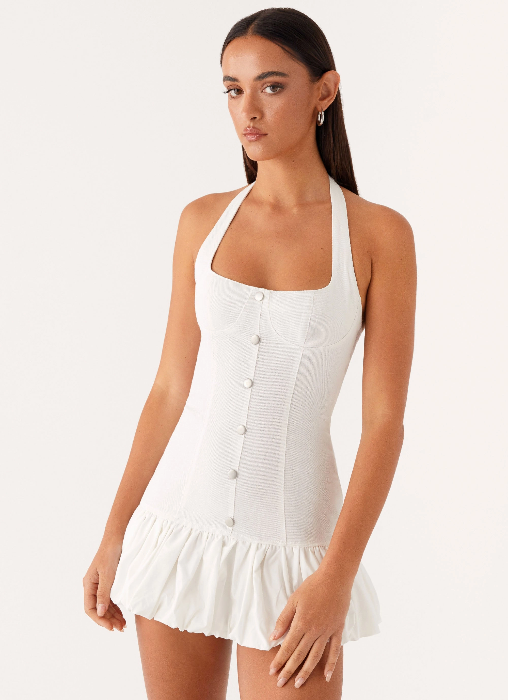 Georgina Denim Mini Dress - White Modern Details Romantic Vibe