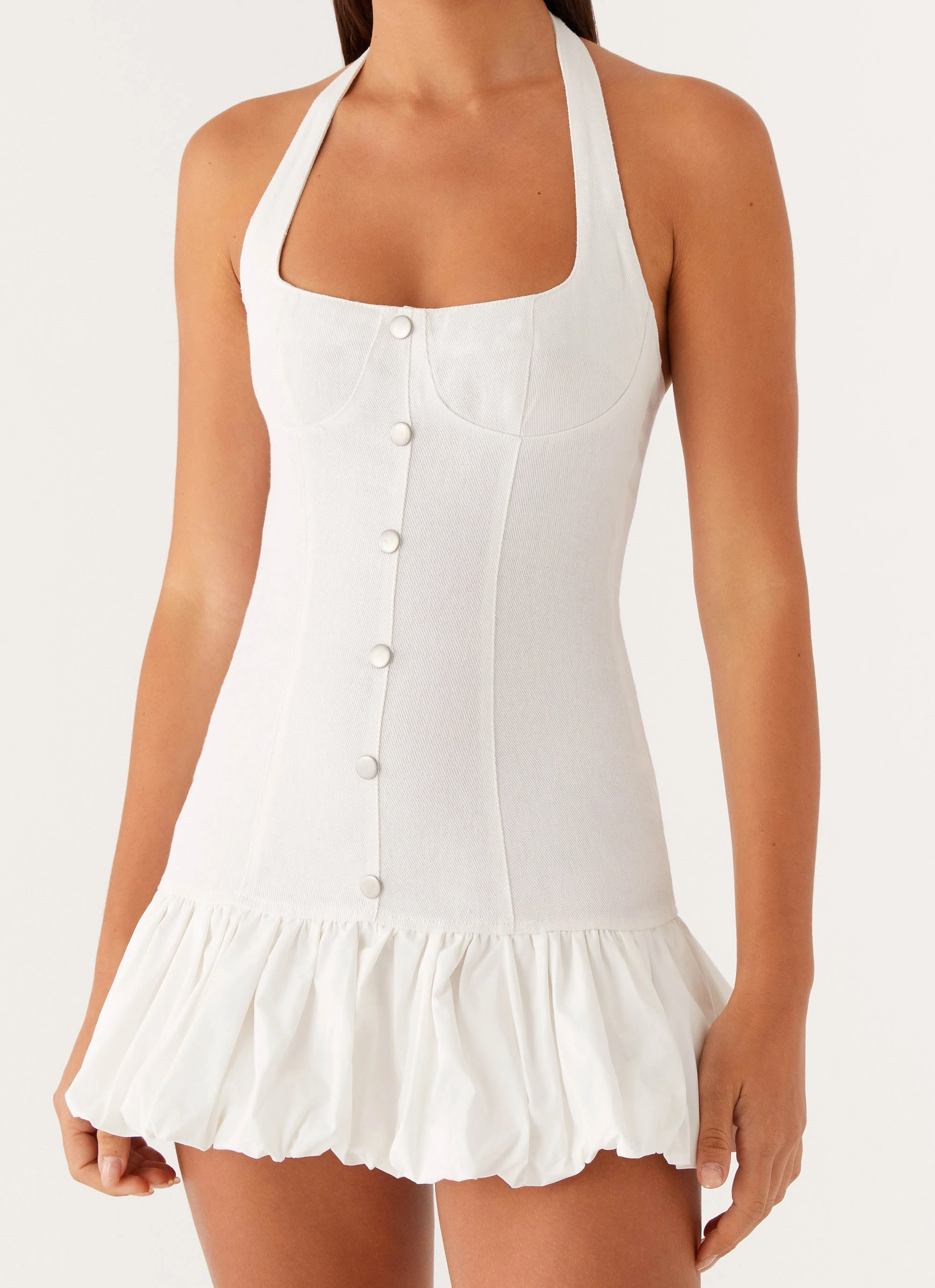 Georgina Denim Mini Dress - White Contemporary Brand Drawstring closure