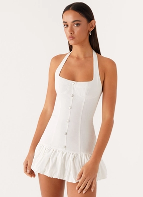 Georgina Denim Mini Dress - White Modern Details Romantic Vibe