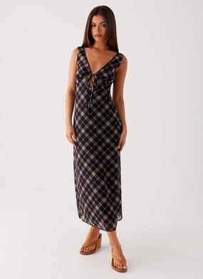 Crisp Finish Sheer Look Gianna Midi Dress - Taupe Check