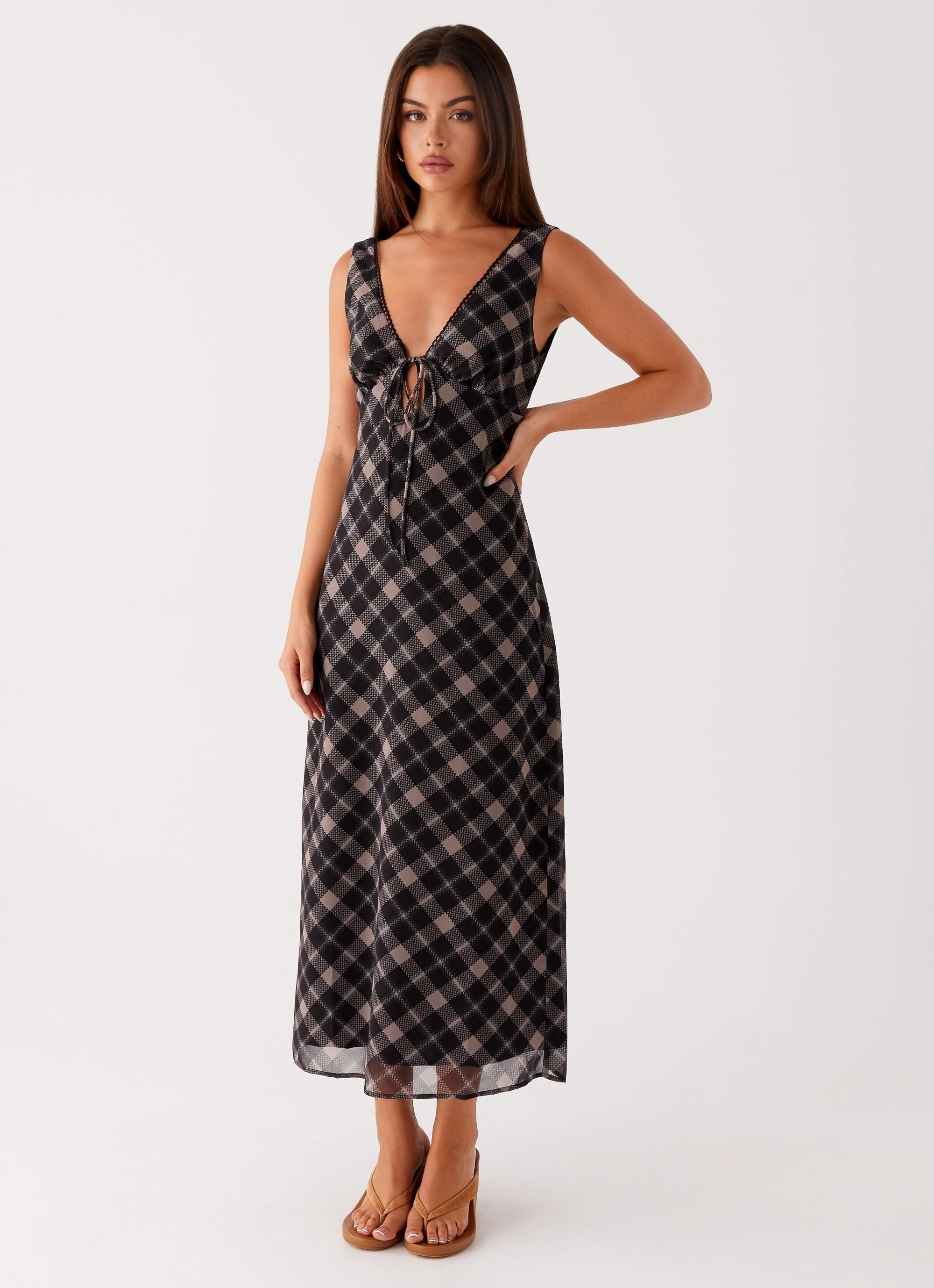 Gianna Midi Dress - Taupe Check Sleek Fit