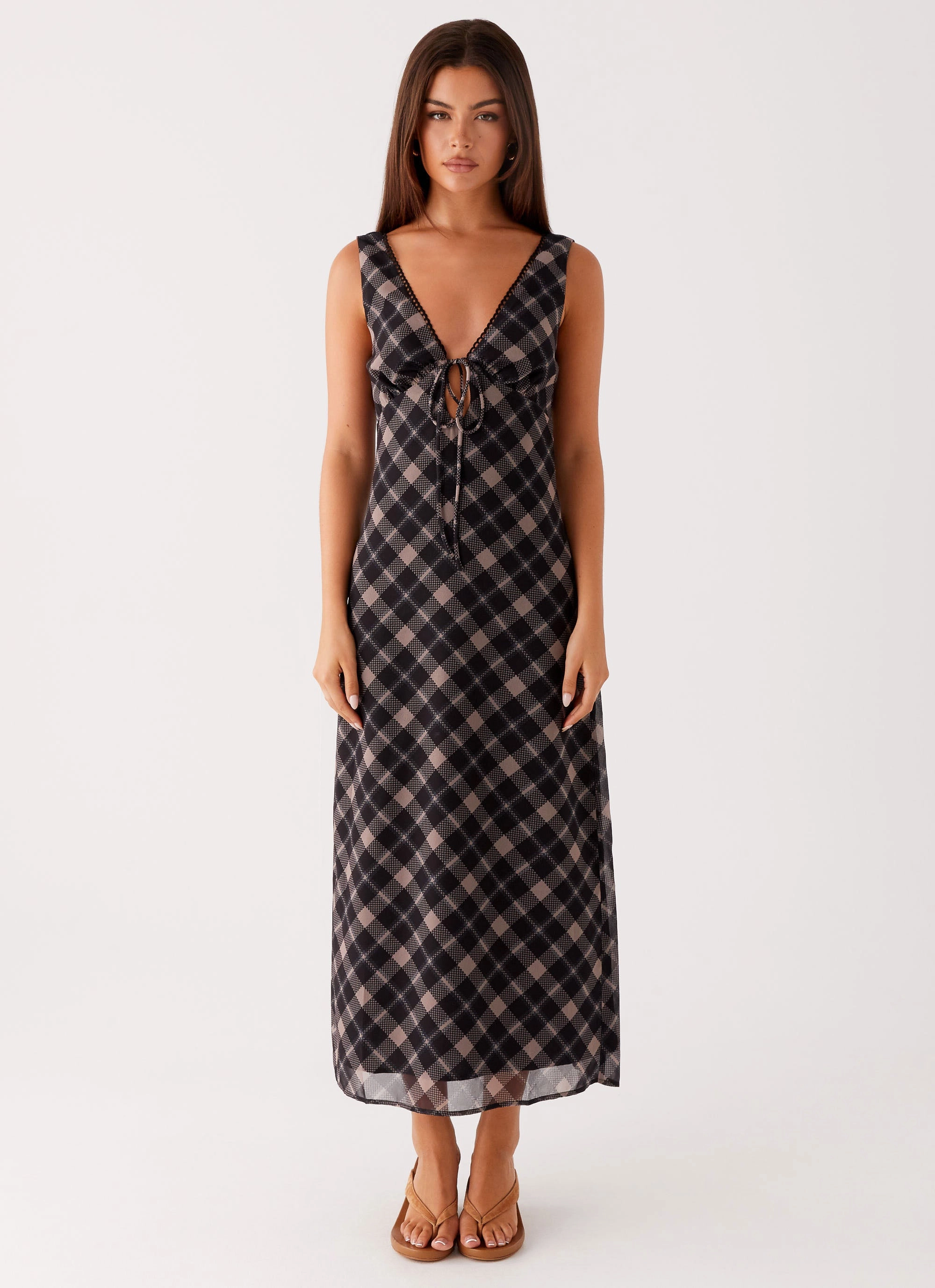 SustainableCotton Comfortable and Chic Gianna Midi Dress - Taupe Check