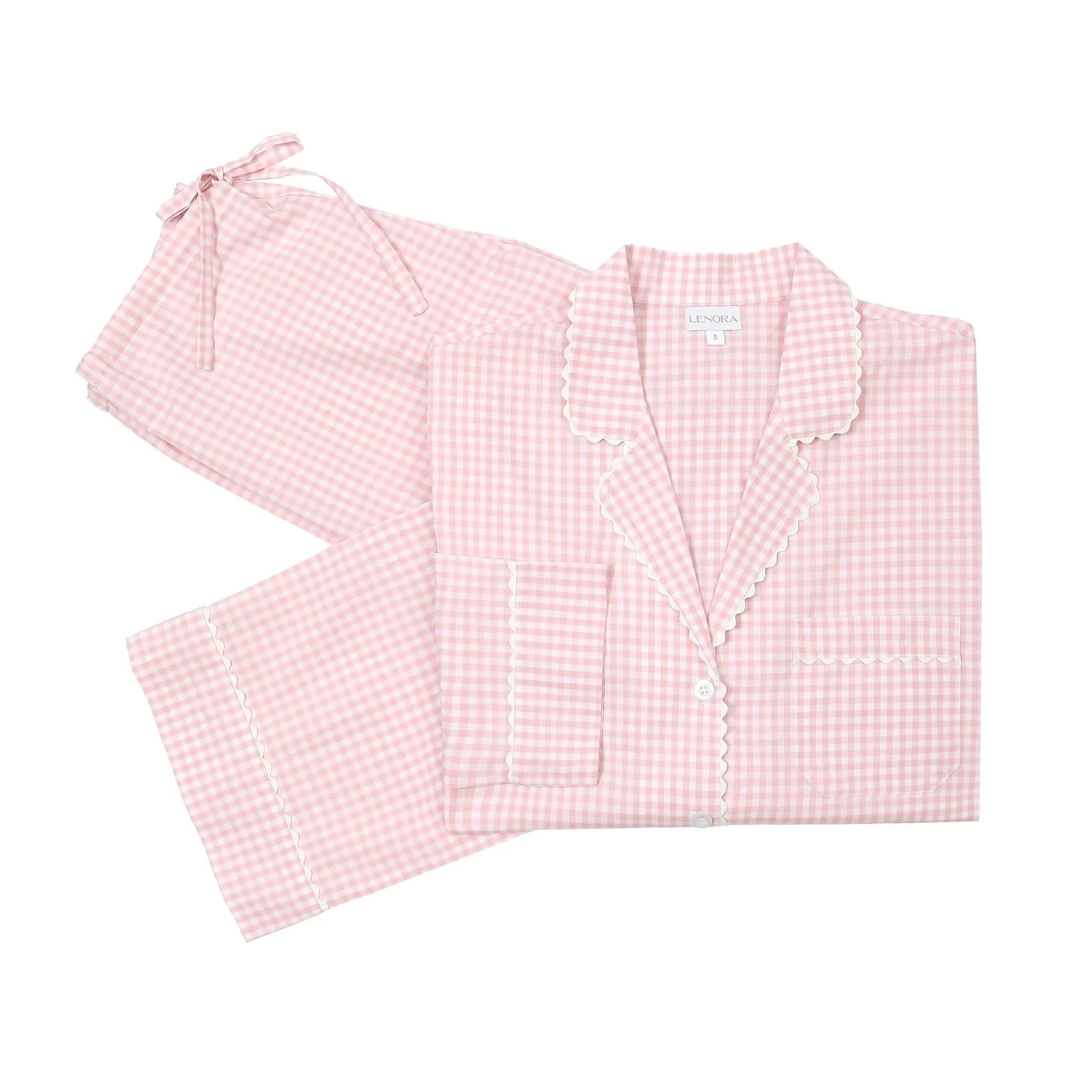 Gingham Cotton Pajamas W/Ric Rac Trim