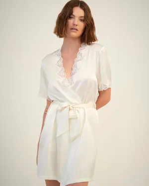Ginia - Silk Robe With Lace Trim- Creme