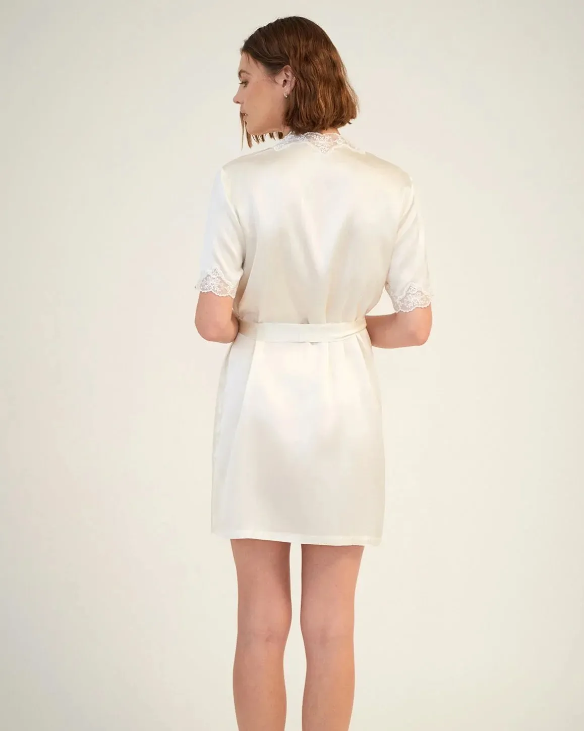Ginia - Silk Robe With Lace Trim- Creme