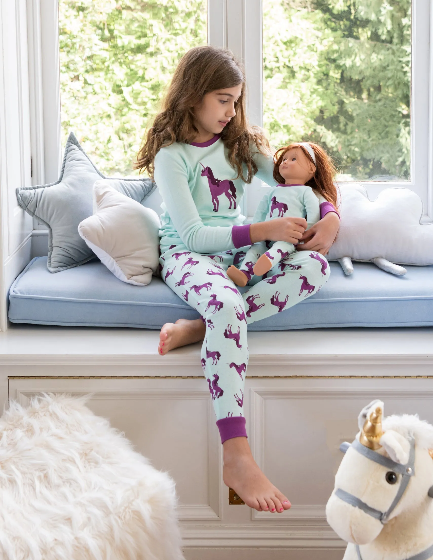 Girl and Doll Matching Unicorn Print Pajamas