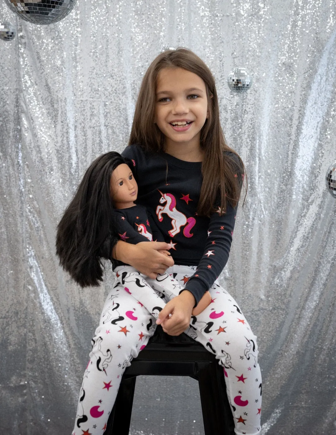 Girl and Doll Matching Unicorn Print Pajamas