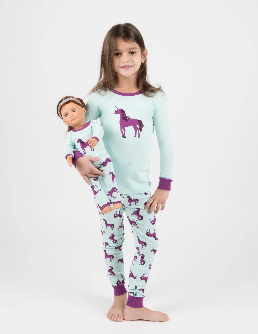 Girl and Doll Matching Unicorn Print Pajamas