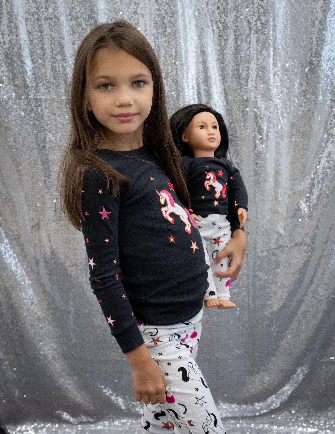 Girl and Doll Matching Unicorn Print Pajamas