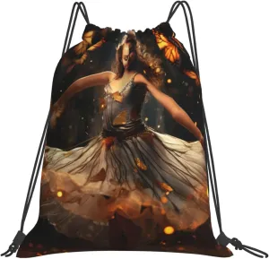 Girl Dance Butterfly print Drawstring Bag Storage Bag, Drawstring Backpack, Casual Drawstring Backpack