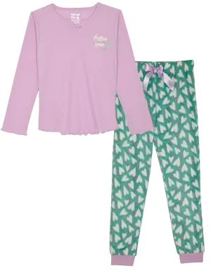 Girls 2-Piece Fleece Pajama Sets- Follow your Heart, Purple & Green Pajama Set for Girls
