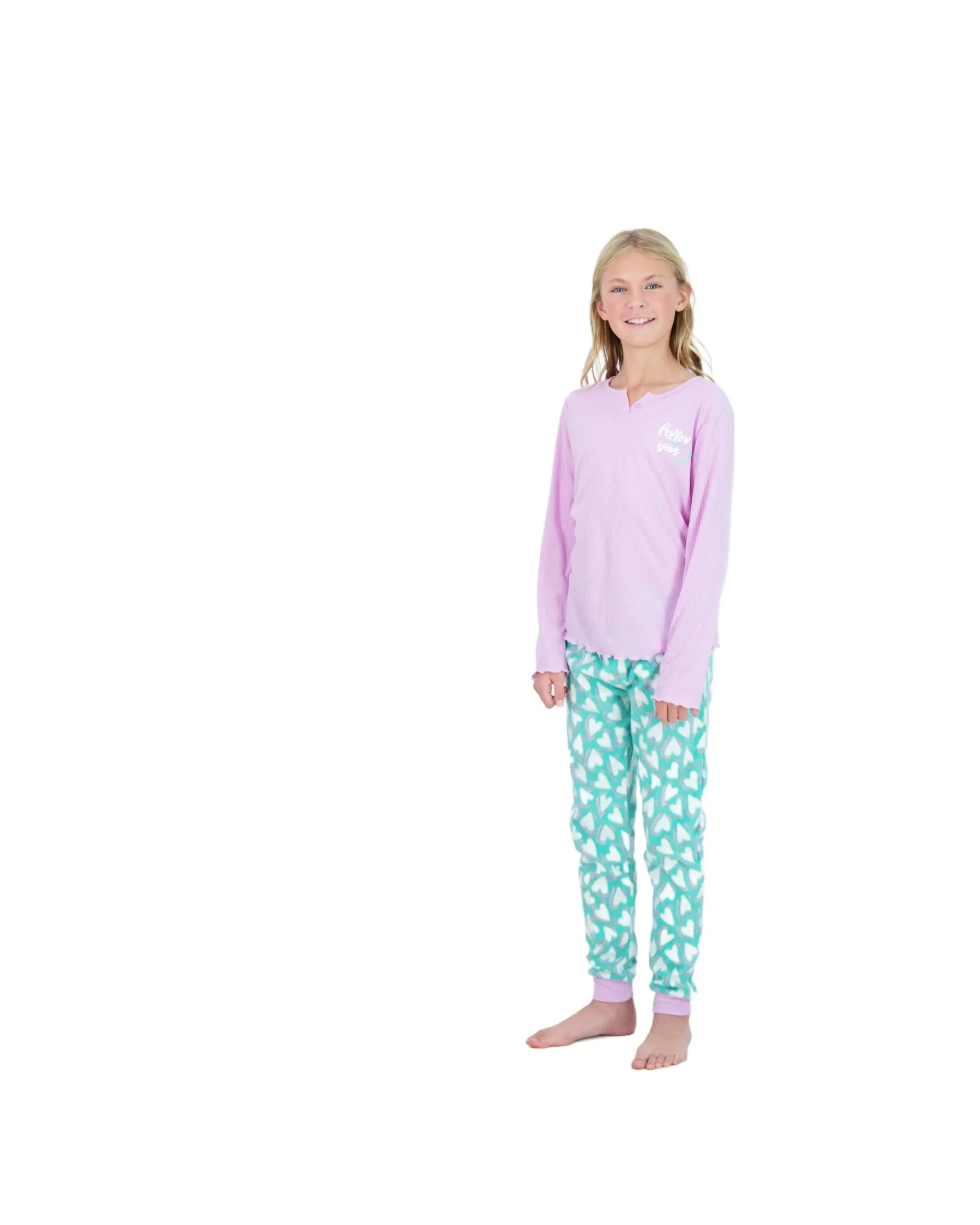 Girls 2-Piece Fleece Pajama Sets- Follow your Heart, Purple & Green Pajama Set for Girls