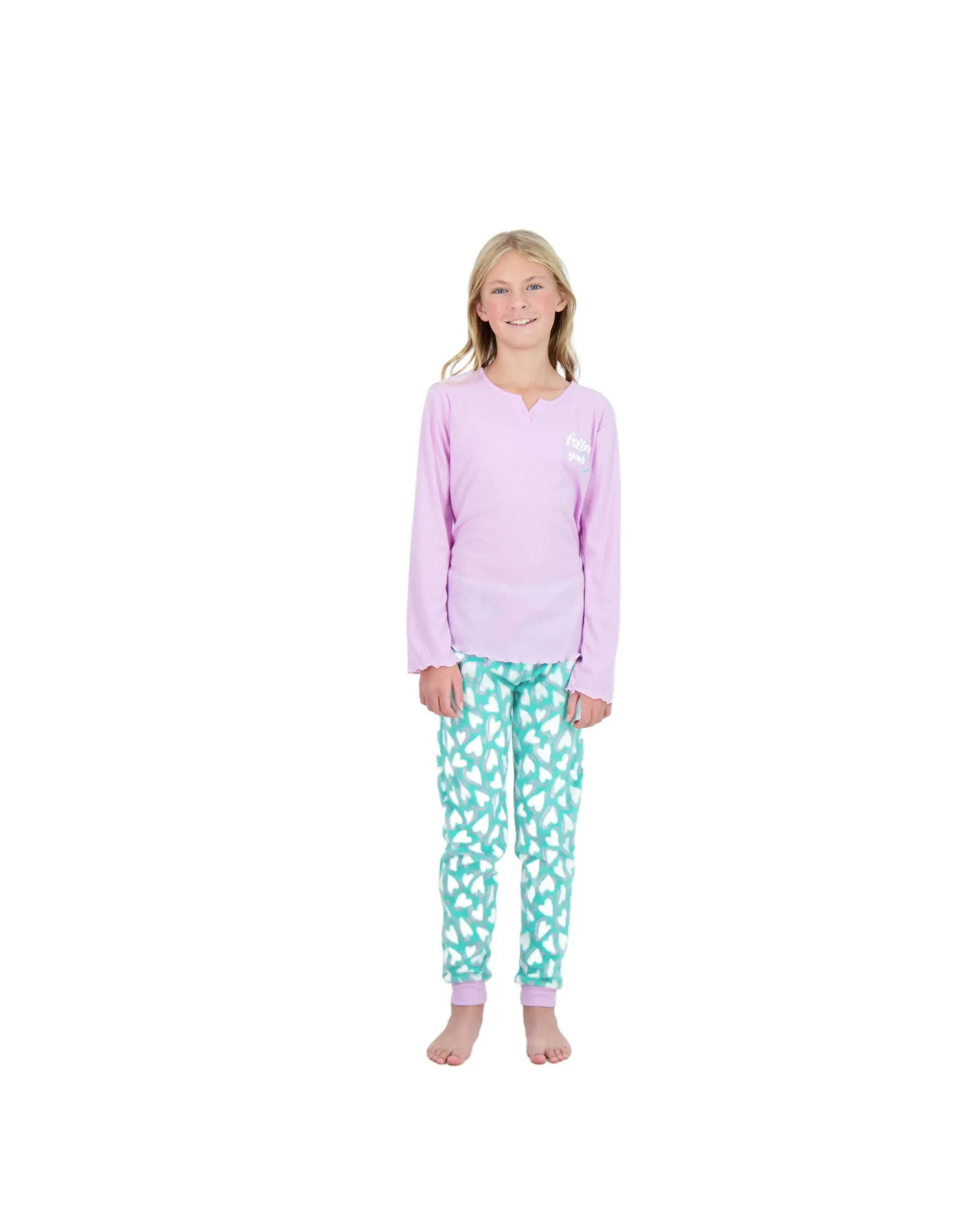 Girls 2-Piece Fleece Pajama Sets- Follow your Heart, Purple & Green Pajama Set for Girls