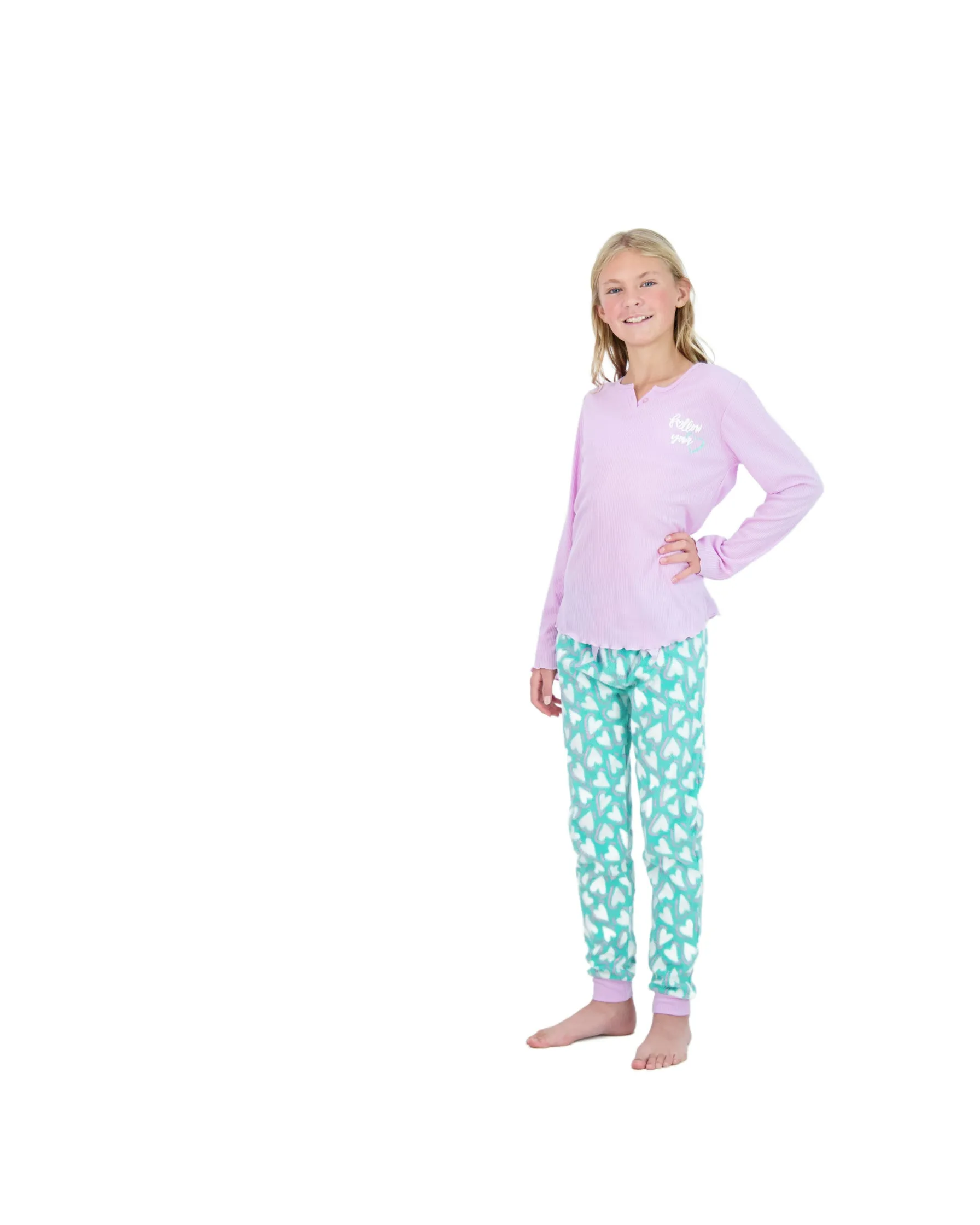 Girls 2-Piece Fleece Pajama Sets- Follow your Heart, Purple & Green Pajama Set for Girls