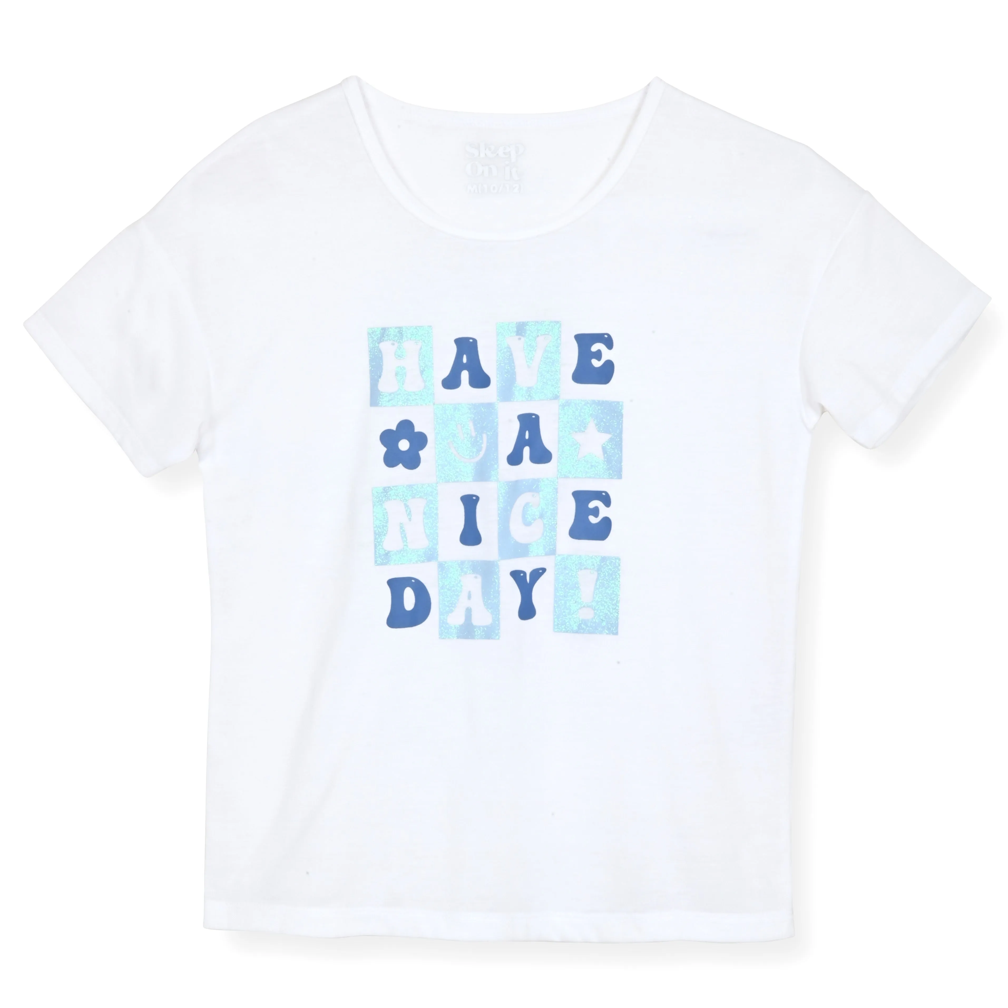 Girls 2-Piece Short-Sleeve Jersey Pajama Shorts Set with Matching Hair Scrunchie- Have a Nice Day.