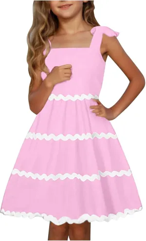 Girls Dress Summer Spaghetti Strap Boho Dress A-Line Fashion Midi Dress 3-12 Years