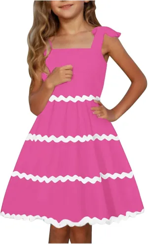 Girls Dress Summer Spaghetti Strap Boho Dress A-Line Fashion Midi Dress 3-12 Years