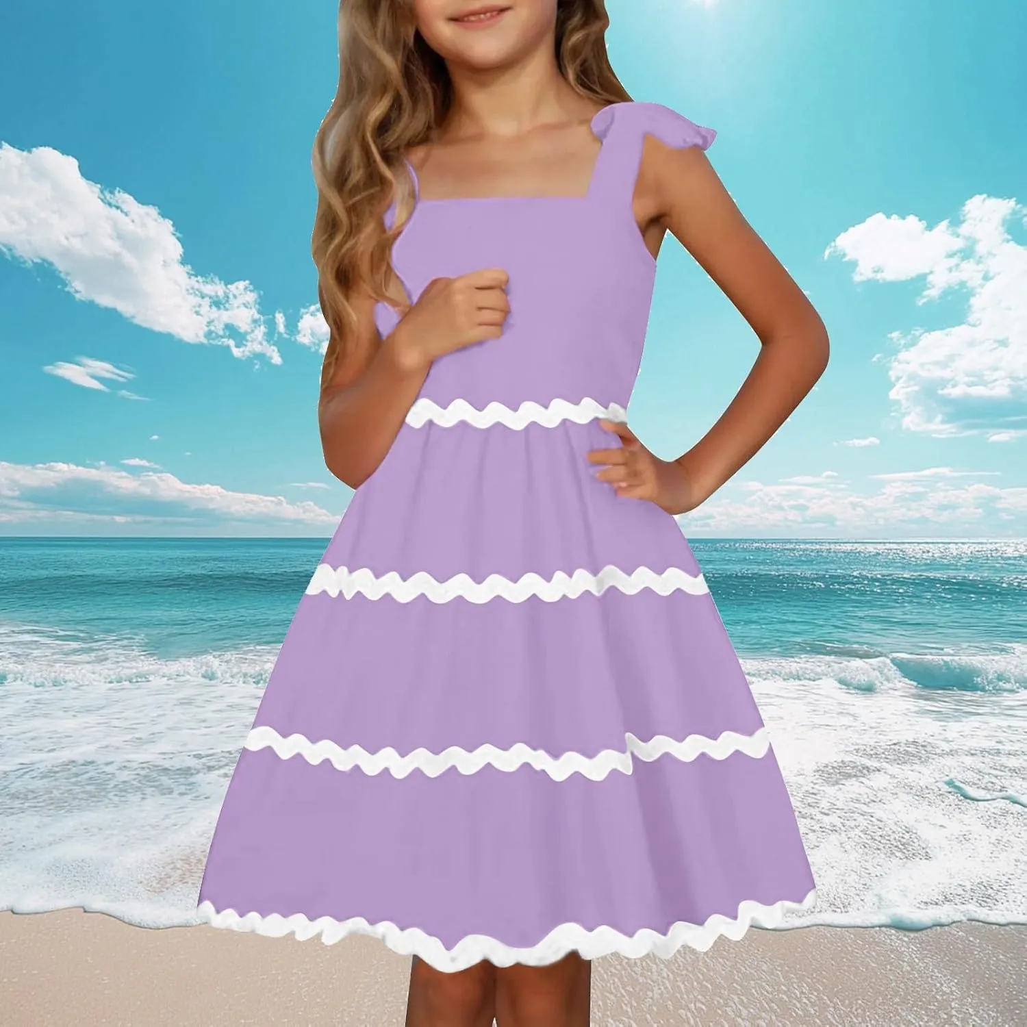 Girls Dress Summer Spaghetti Strap Boho Dress A-Line Fashion Midi Dress 3-12 Years