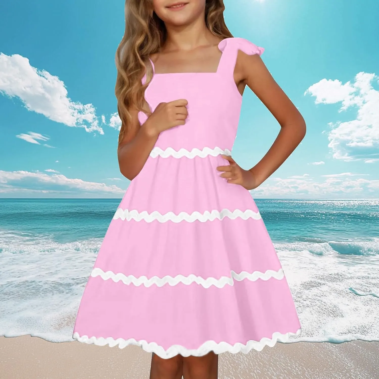 Girls Dress Summer Spaghetti Strap Boho Dress A-Line Fashion Midi Dress 3-12 Years