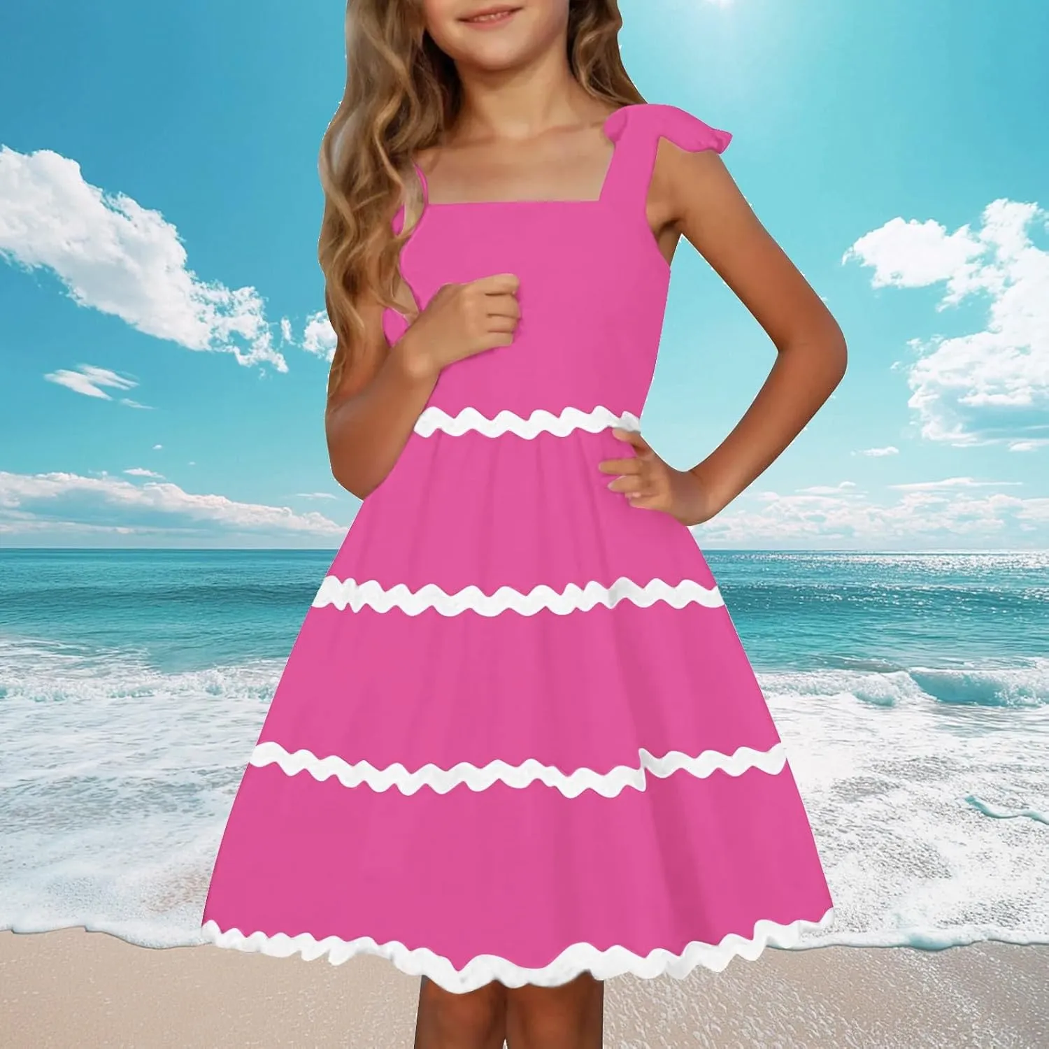 Girls Dress Summer Spaghetti Strap Boho Dress A-Line Fashion Midi Dress 3-12 Years