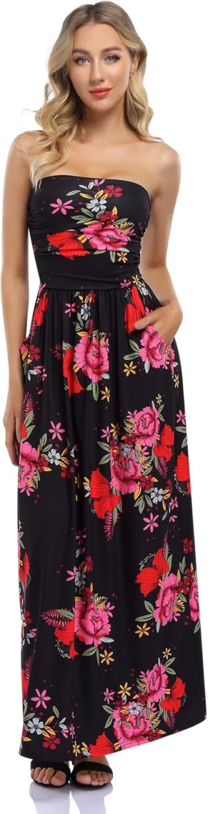 GloryStar Women's Floral Casual Beach Party Maxi Dress Black Red Floral 2XL