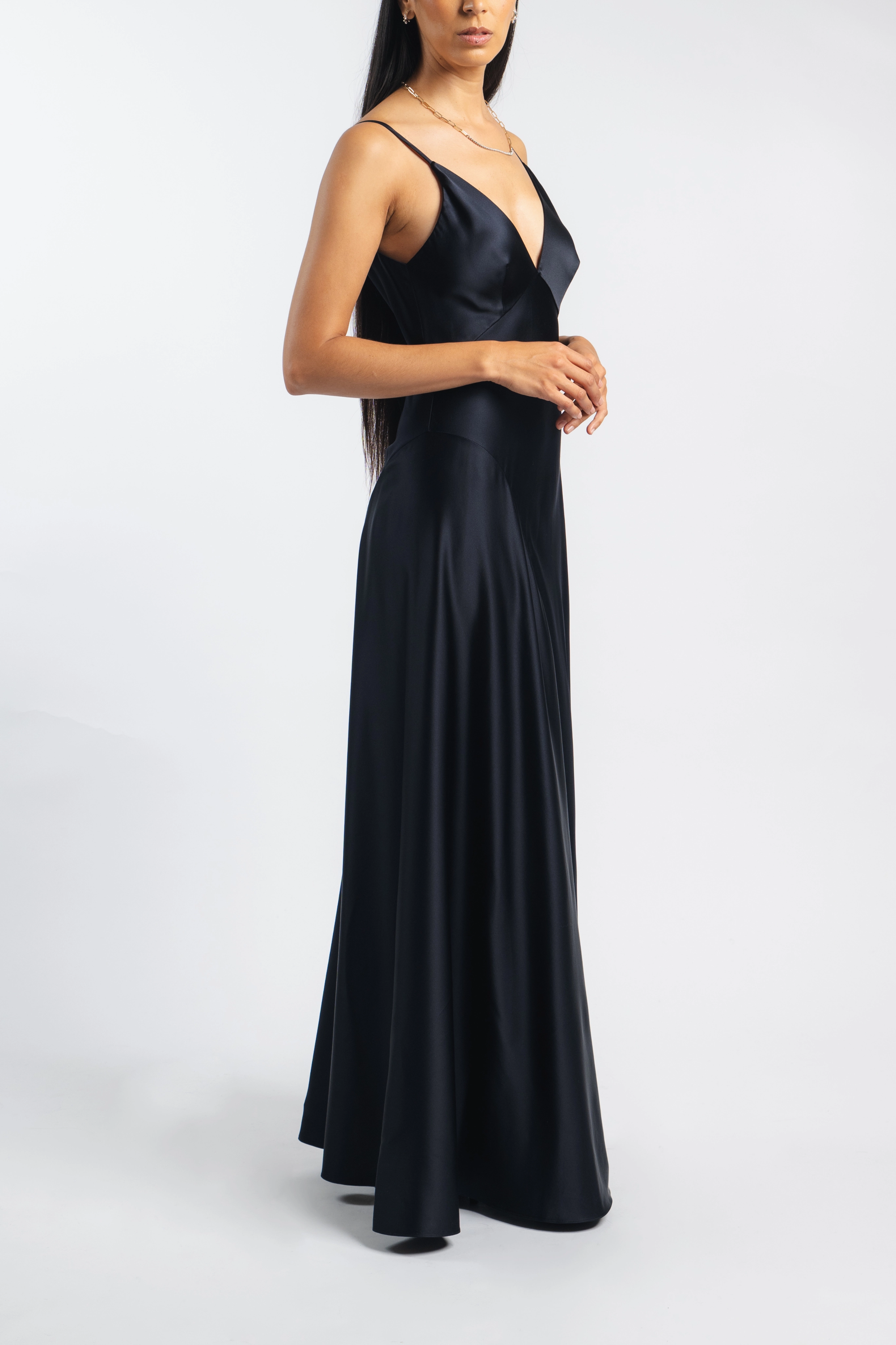 Grace Slip Dress in Navy Raw-Hem Form Fit