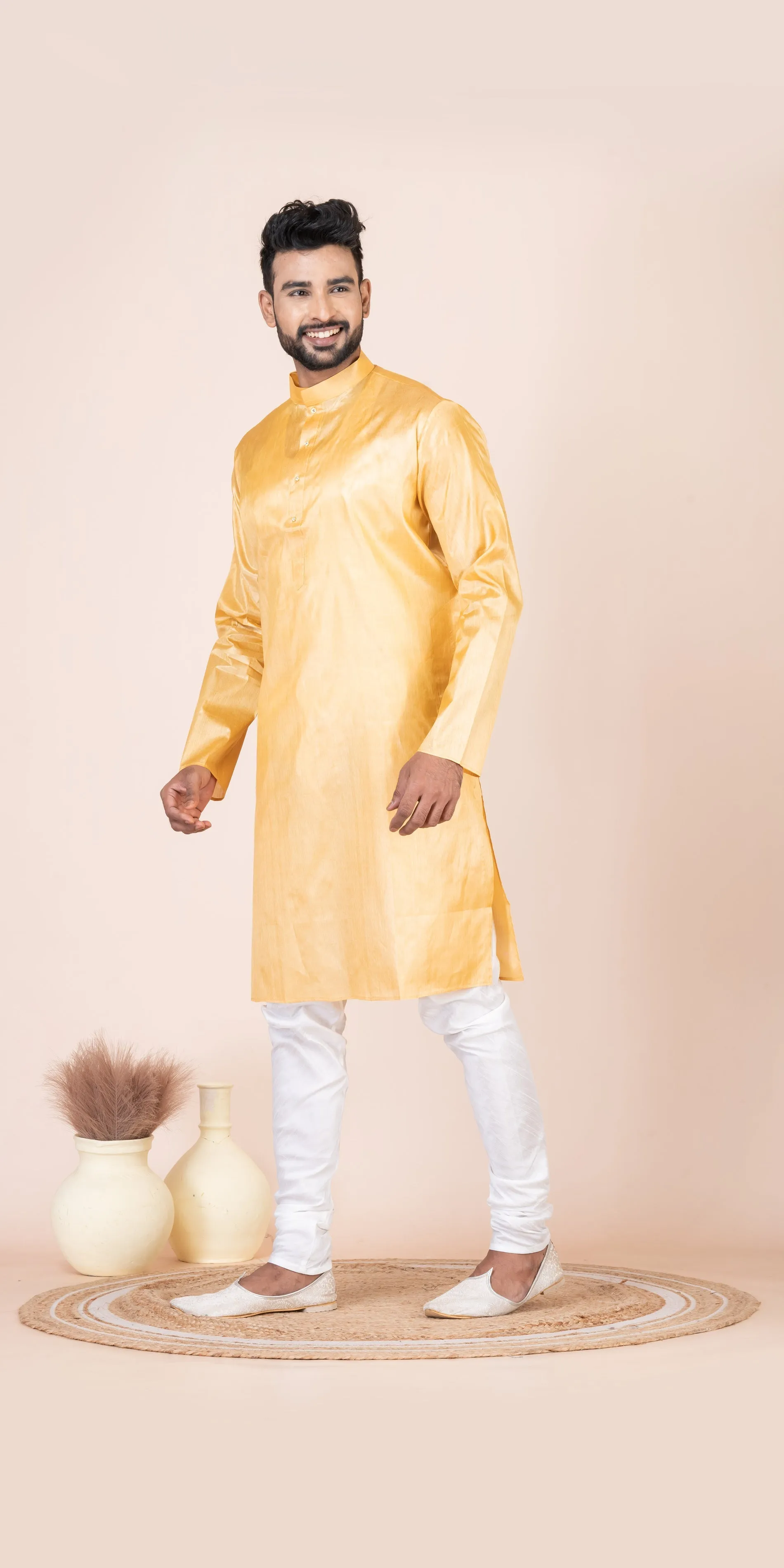 Golden Pure Kosa Silk Men's Kurta with Silk Mark