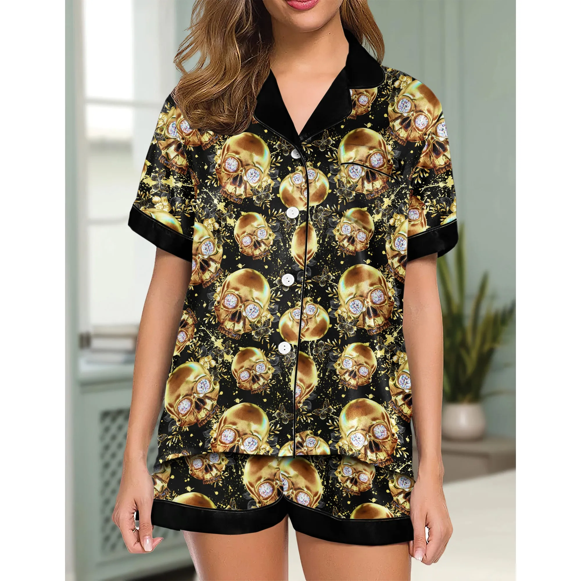 Golden Skull Thunder Women's Pajama Sets Top Sleeve & Short Bottom
