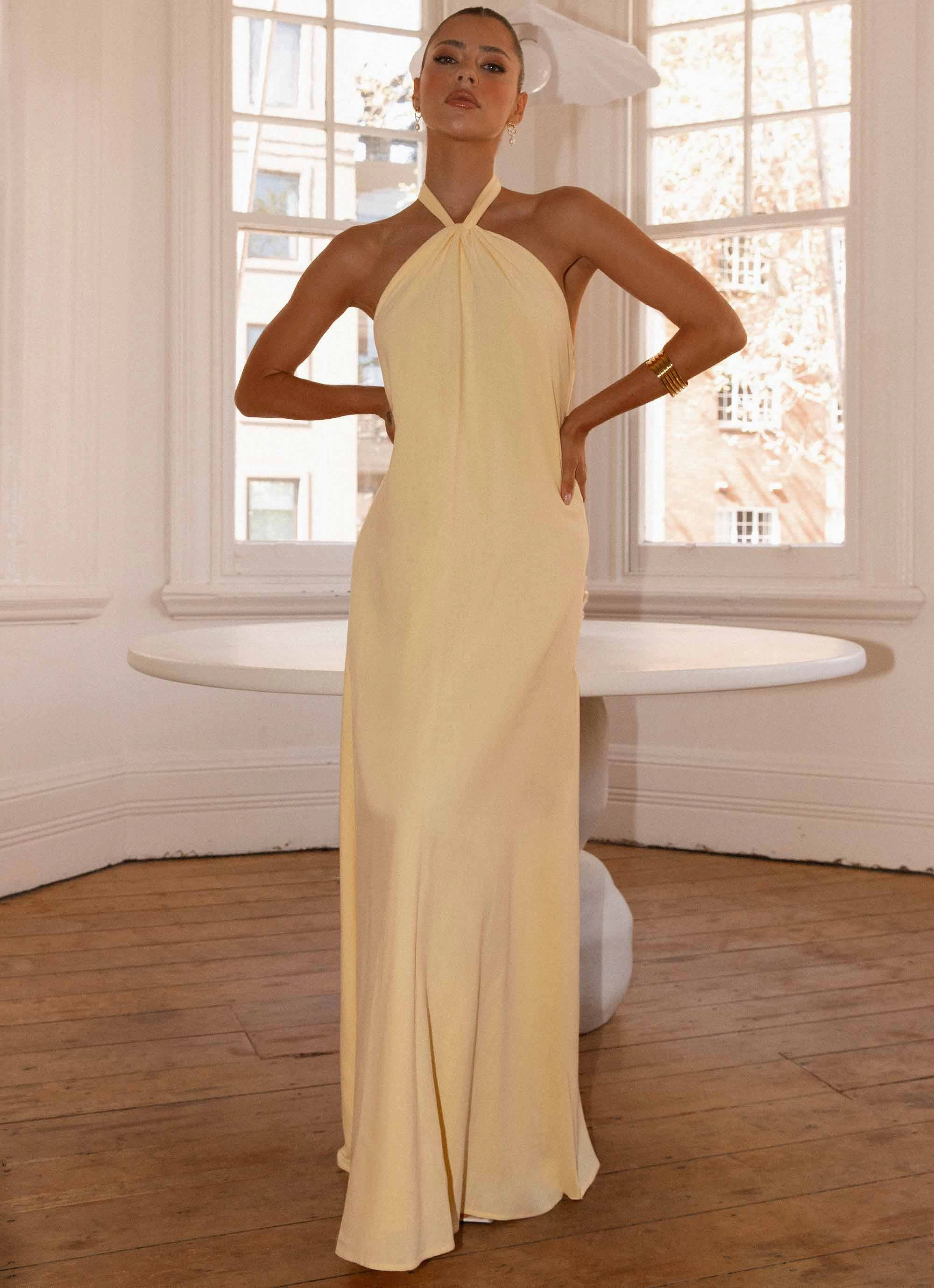Golden Child Linen Maxi Dress - Yellow Front Ruffle Calm Silhouette