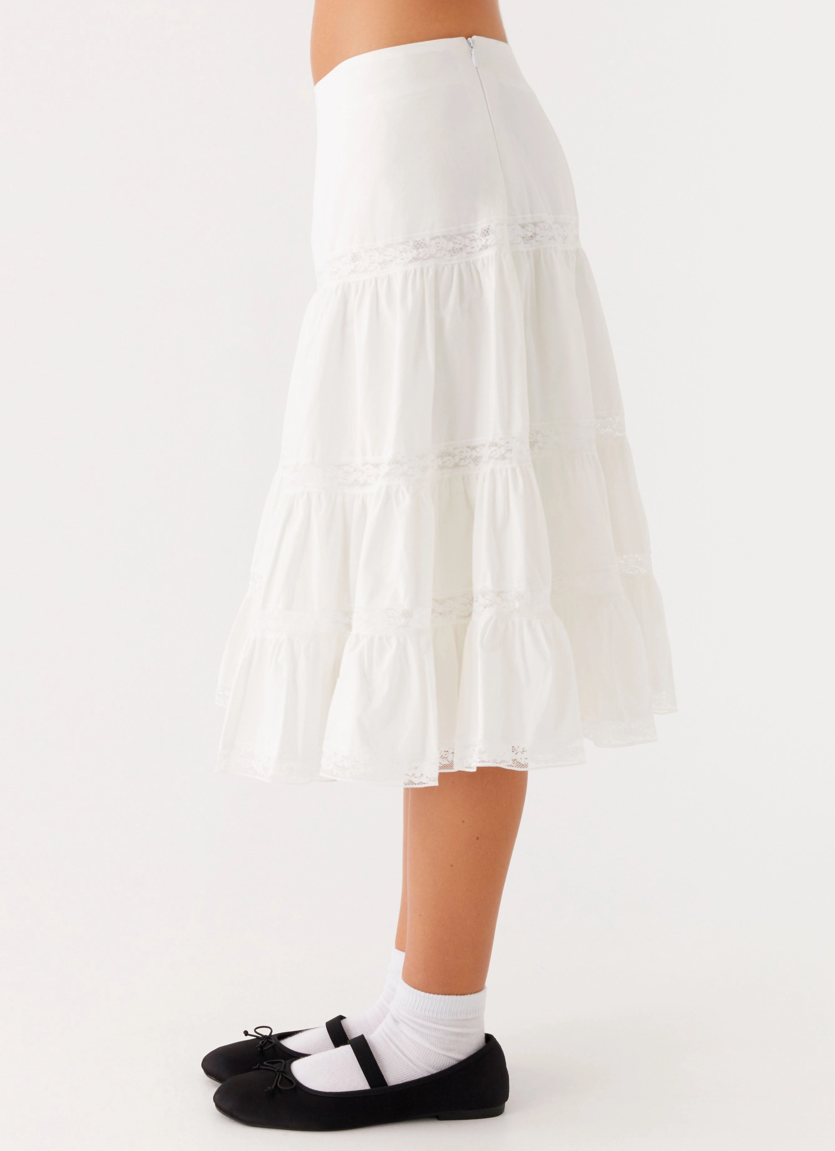 Good Vibes Midi Skirt - White Tassel accents Bold Print