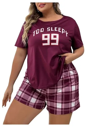 GORGLITTER Women's Plus Size Pajama Set 2 Piece Letter Short Sleeve Shirt Plaid Boxer Shorts Pjs Lounge Sets Purple 1XL