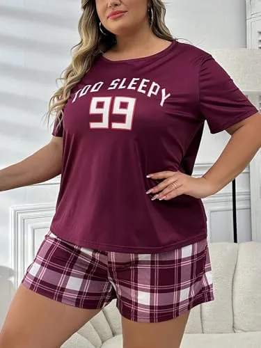 GORGLITTER Women's Plus Size Pajama Set 2 Piece Letter Short Sleeve Shirt Plaid Boxer Shorts Pjs Lounge Sets Purple 1XL