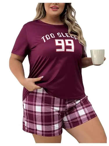 GORGLITTER Women's Plus Size Pajama Set 2 Piece Letter Short Sleeve Shirt Plaid Boxer Shorts Pjs Lounge Sets Purple 1XL