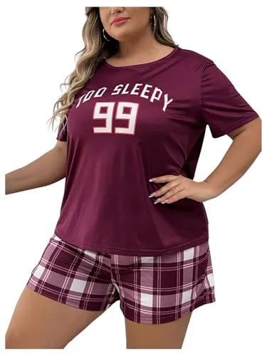 GORGLITTER Women's Plus Size Pajama Set 2 Piece Letter Short Sleeve Shirt Plaid Boxer Shorts Pjs Lounge Sets Purple 1XL