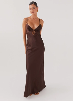 Wrap Charm Flora Satin Maxi Dress - Chocolate