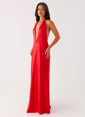 Edge Shape V-Neck Idol Maxi Dress - Red