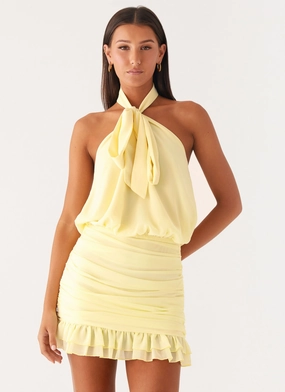 Saebi Tie Neck Mini Dress - Lemon Playful-Detail Embroidered Fabric