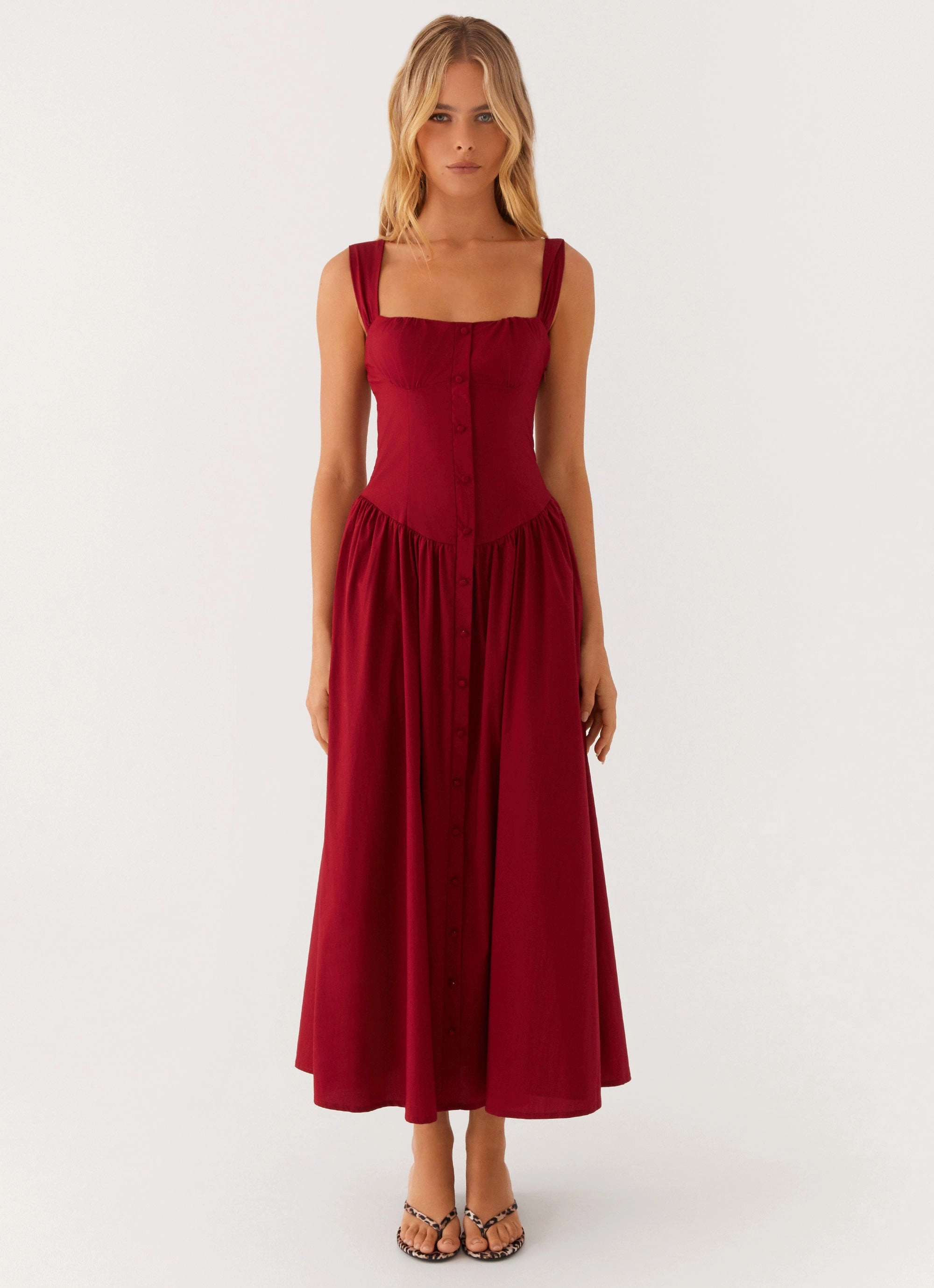 Emmalina Midi Dress - Deep Red Elegant Waist Fit