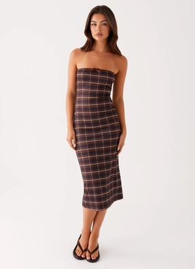 Water-Repellent-Finish Niko Strapless Midi Dress - Brown Black Check