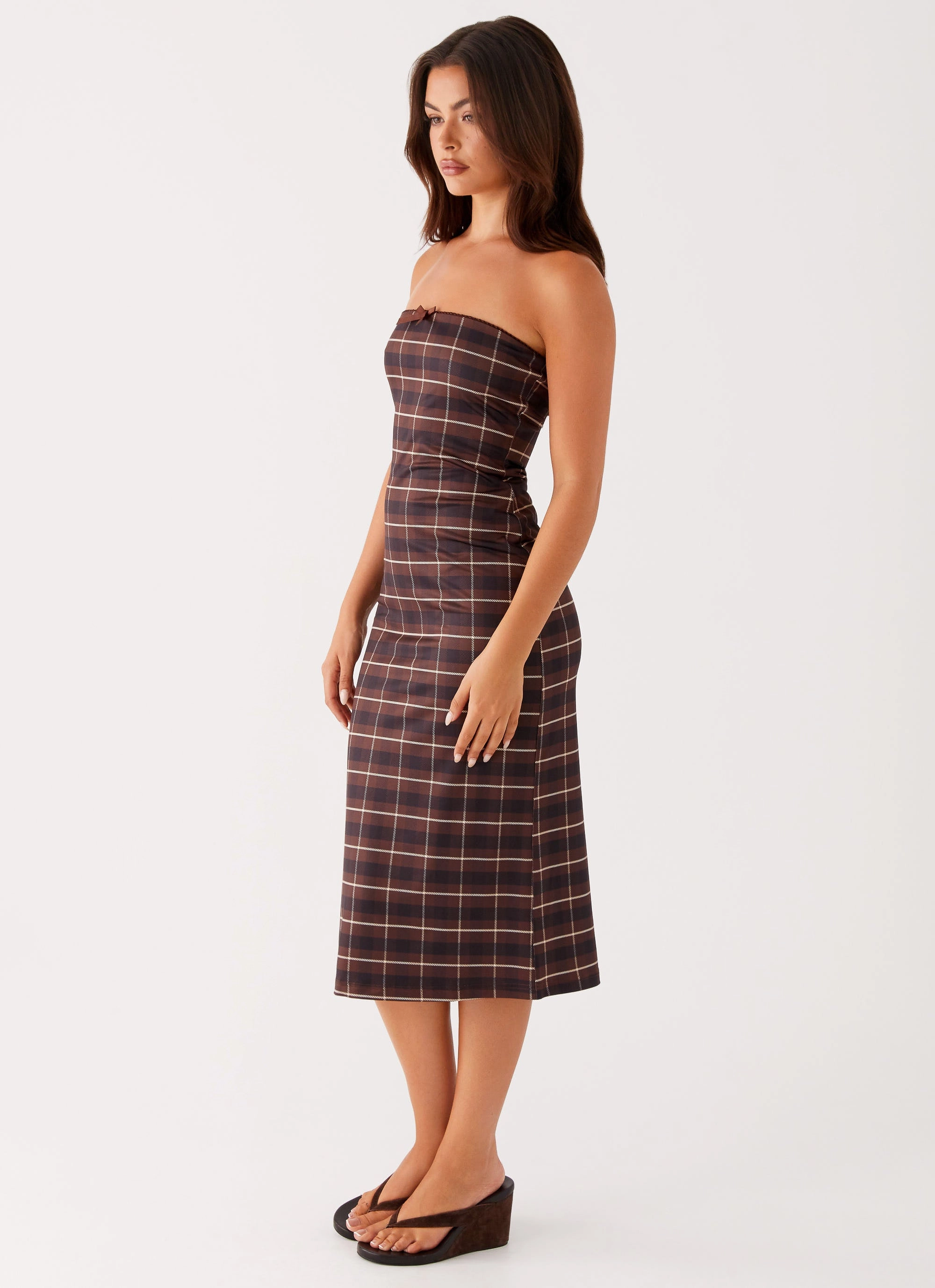 Niko Strapless Midi Dress - Brown Black Check Smocked-Detail