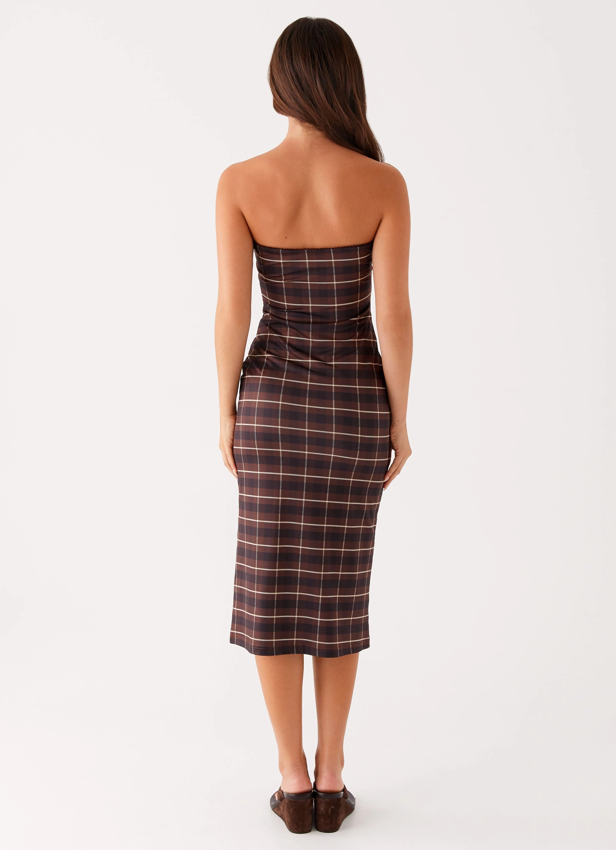 Easy Layering Niko Strapless Midi Dress - Brown Black Check