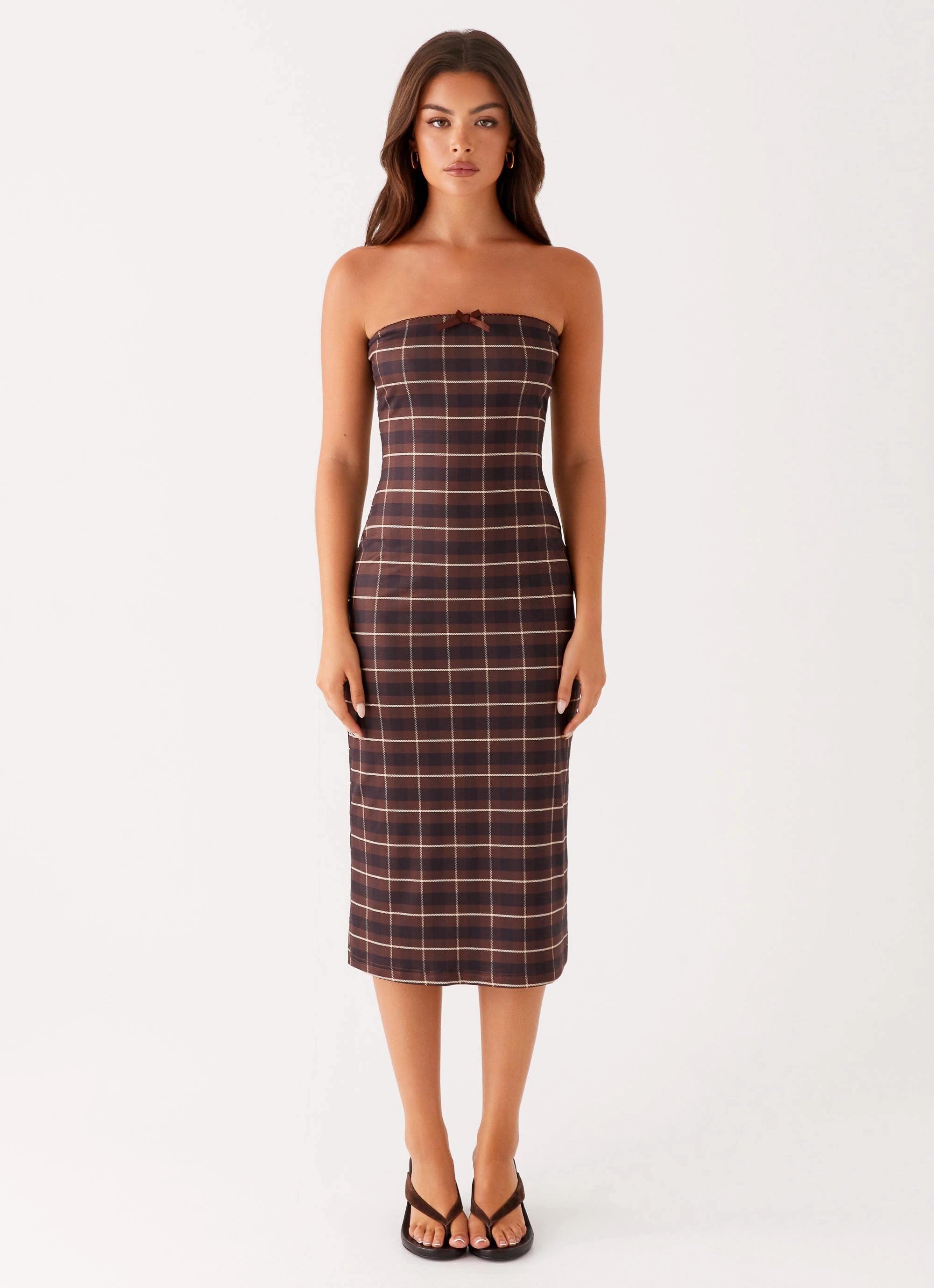 Niko Strapless Midi Dress - Brown Black Check Visual Balance Relaxed Waistband